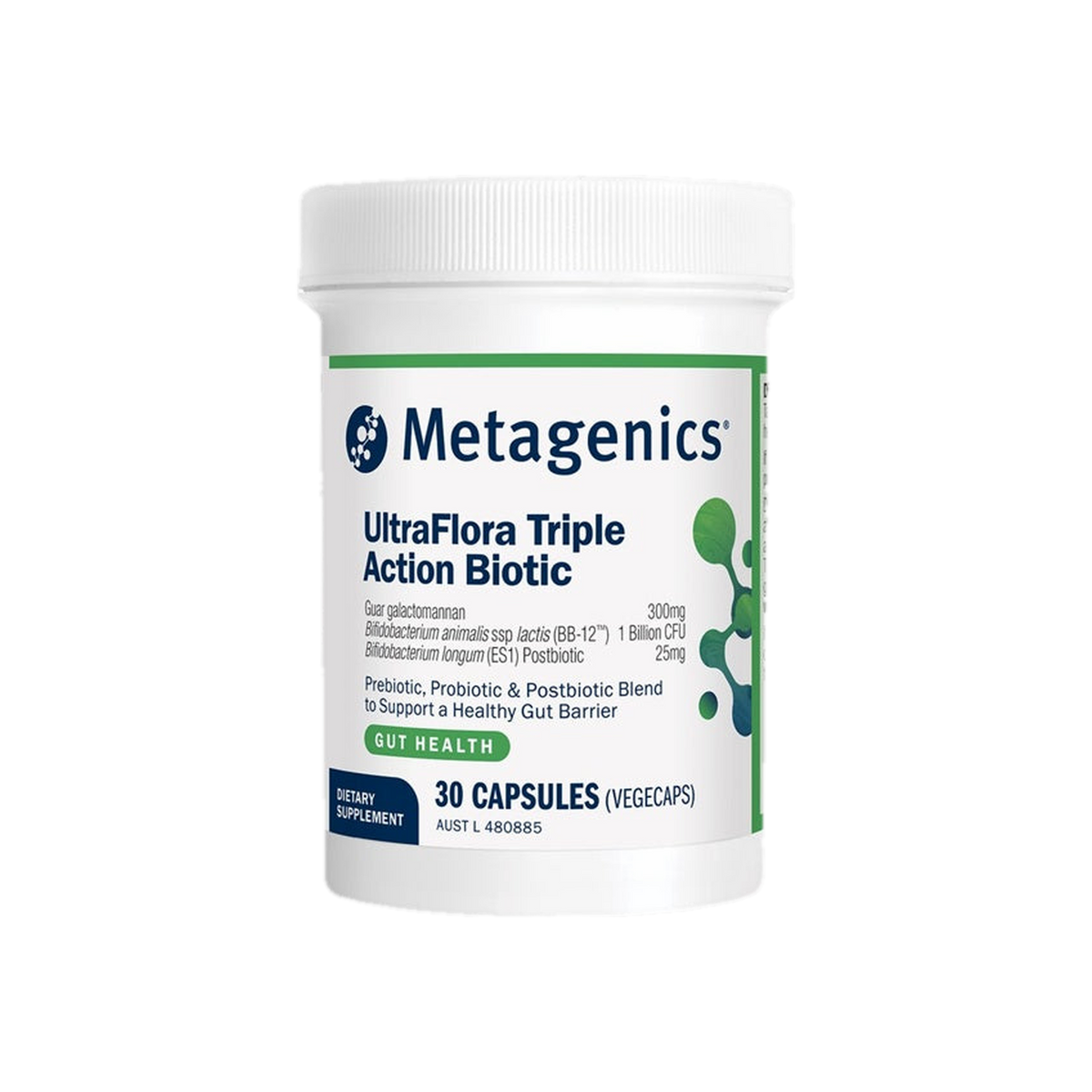A supplement container of Ultra Flora Triple Action Biotic, 30caps by Metagenics