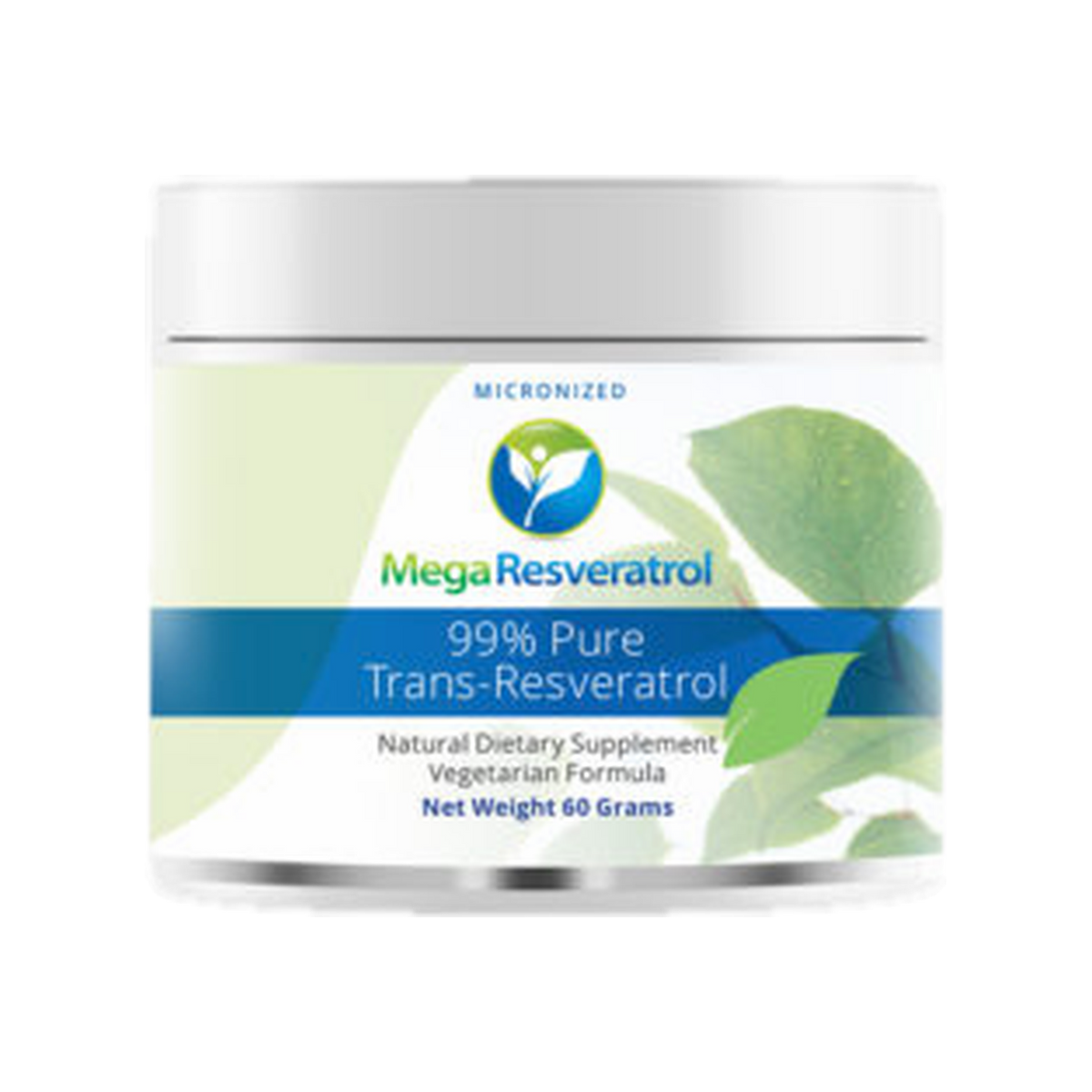 A supplement container of 99% Trans-Resveratrol Powder by MegaResveratrol