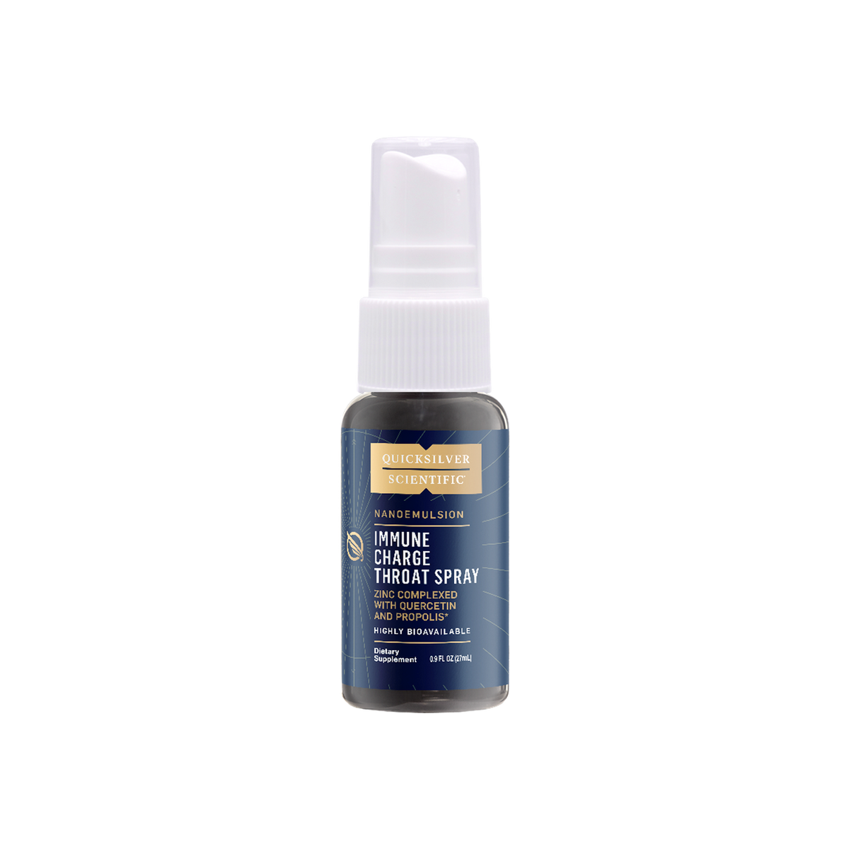 A supplement container of Immune Charge+ Throat Spray by Quicksilver