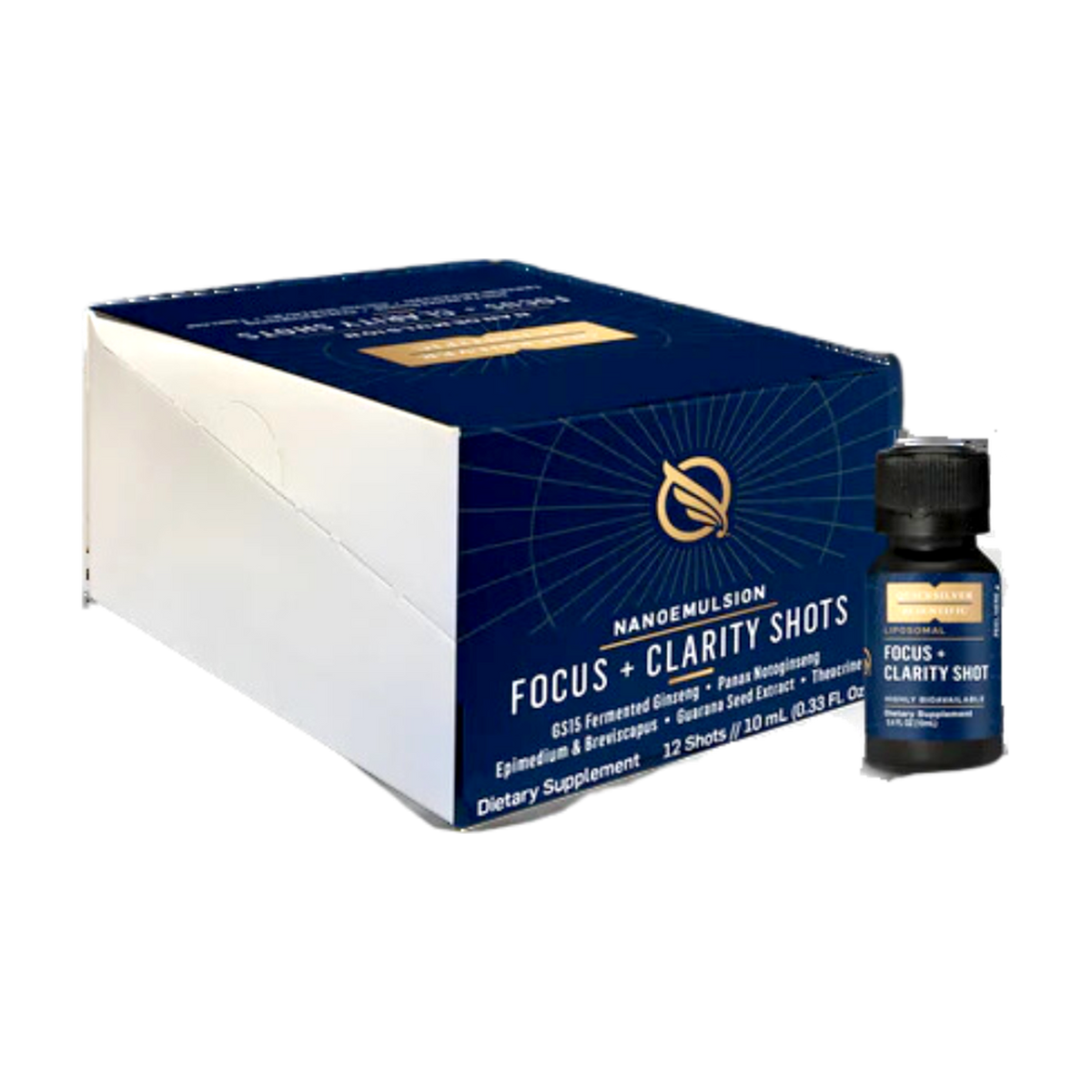 A supplement container of Focus + Clarity Shots by Quicksilver