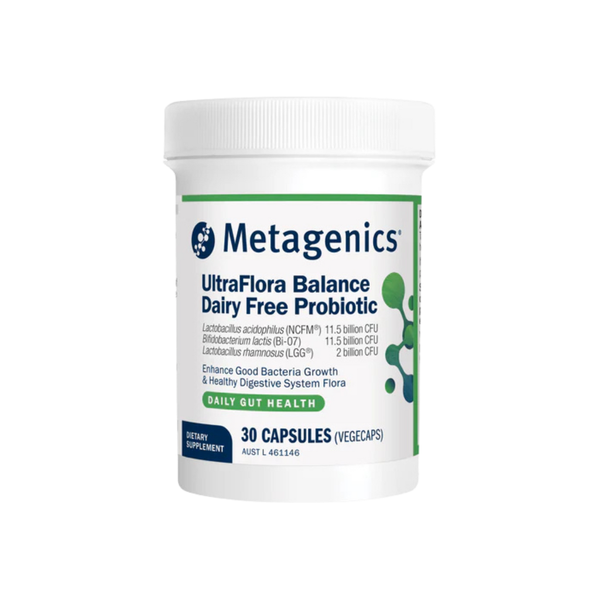 A supplement container of UltraFlora Balance Dairy Free Probiotic 30 capsules by Metagenics