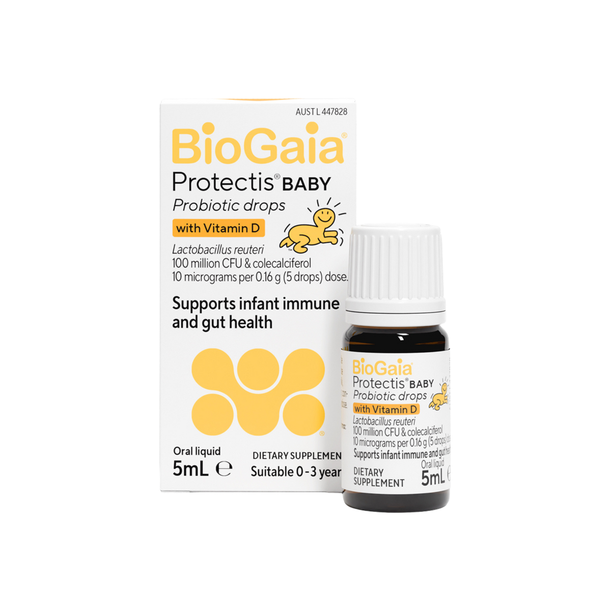 A supplement container of BioGaia Protectis Baby Drops with Vitamin D by BioGaia