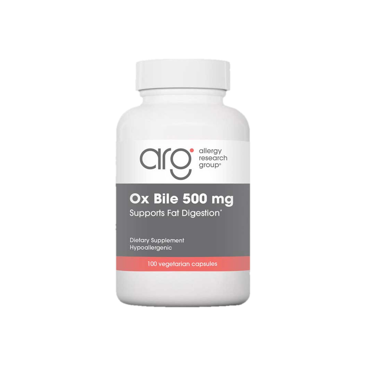 A supplement container of Ox Bile 500mg 100c by Allergy Research Group