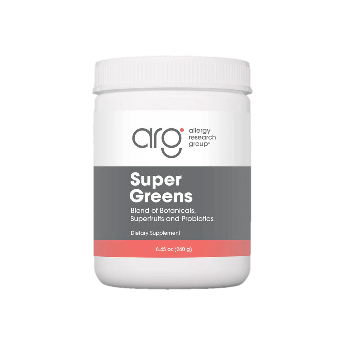 A supplement container of Super Greens Powder 240g by Allergy Research Group