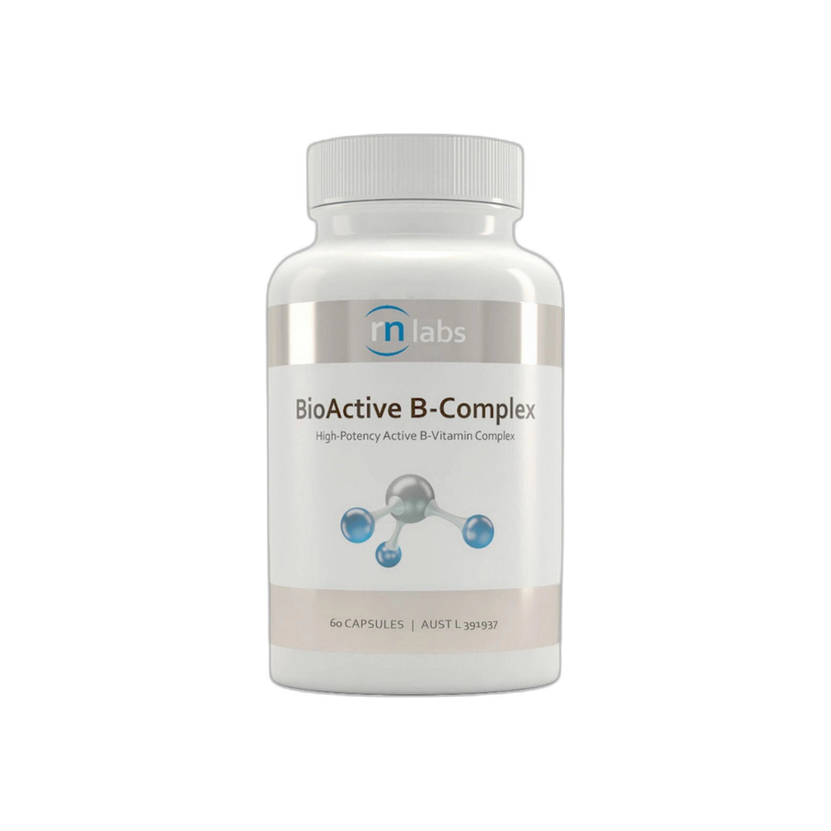 A Supplement container with the name BioActive B-Complex (60 Caps) by RN Labs