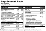 Text listing the ingredients including Thiamin, Riboflavin, Niacin, Vitamin B6, Vitamin B12, Magnesium, Creatine Magnapower, Maganese, L- Carnitine,  D- Ribose, Malic Acid, Succinic Acid, Coenzyme Q10, Alpha Lipoic Acid, Trans Resveratrol , Curcumin c3, Curcumin bisdemethoxycurcumin, Demthoxycurcumin, Pantethine, cellulose (capsule), microcrystalline cellulose, vegetable stearate, silicon dioxide, B- cyclodextrin