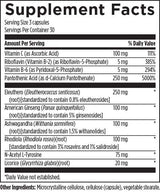 Text describing the ingredients: 
Vitamin c, Riboflavin, vitamin b-6, Pantothenic acid, eleuthero, american ginseng, ashwagandha, rhodiola, n-acetyl L-Tyrosine, Licorice, microcrystalline cellulose, cellulose (capsule), vegetable sterate