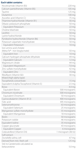 Text listing the ingredients including, Nicotinamide, b3, Taurine, Calcium pantothenate, vitamin b5, Glutamine, Acorbic acid, vitamin c, Choline bitartrate, Potassium, magnesium citrate, zinc, Chromium