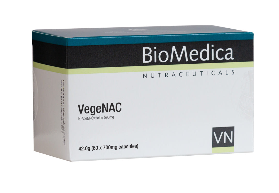 A supplement container of VegeNAC Capsules by Bio-Medica
