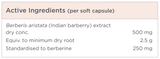 Text listing the ingredients including Berberis aristata(indian barberry), Berberine, minimum dry root, standardised to berberine