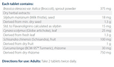 Text listing the ingredients including Brassica oleracea, Broccoli, Silybum marianum, milk thistle, Cynara scolymus, globe artichoke, Schisandra chinensis, Schisandra, Curcuma longa, BCM-95, tumeric,