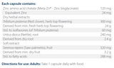 Text listing the ingredients including Zinc amino acid chelate, meta zn, Zinc bisglycinate, Trifolium pratense, Red clover, isoflavones, Urtica dioica, Nettle, Serenoa repens, Saw Palmetto,