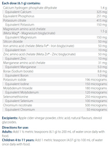 Text listing the ingredients including Calcium hydrogen phosphate dihydrate, Potassium citrate, Magnesium bisglycinate, Iron bisglycinate, Zinc bisglycinate, Maganese, Sodium borate, boron, Potassium Iodide, Molybdenum trioxide, Selenomethionine, Chromium nicotinate