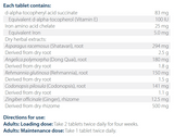 Text listing the ingredients including D-alpha-tocopheryl acid succinate, Vitamin E, Iron Chelate, Asparagus racemosus, Shatavari, Angelica polymorpha, Dong Quai, Rehmannia glutinosa, Codonopsis pilosula, Zingiber officinale, Ginger.