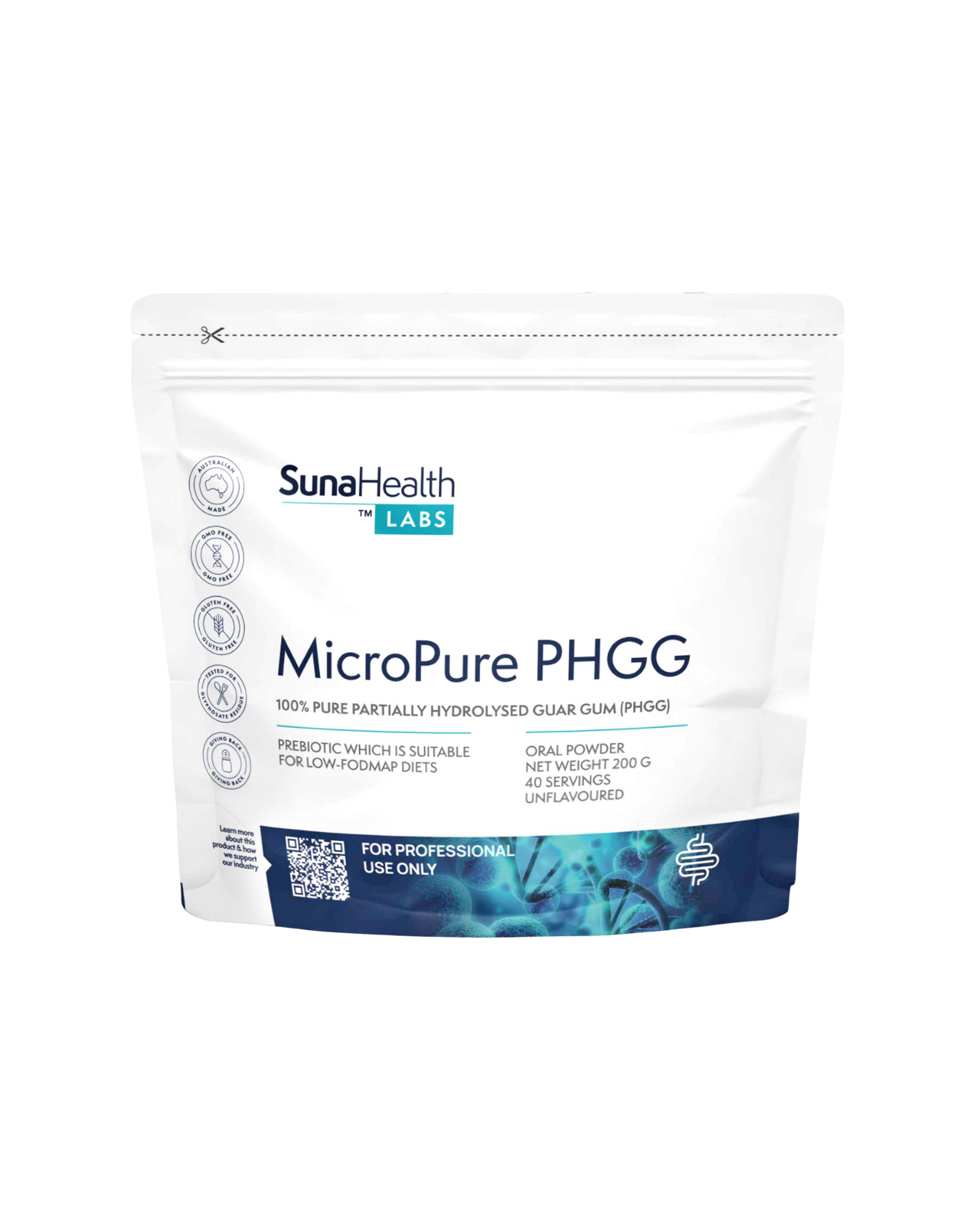 A supplement container of MicroPure PHGG 200g by SunaHealth Labs