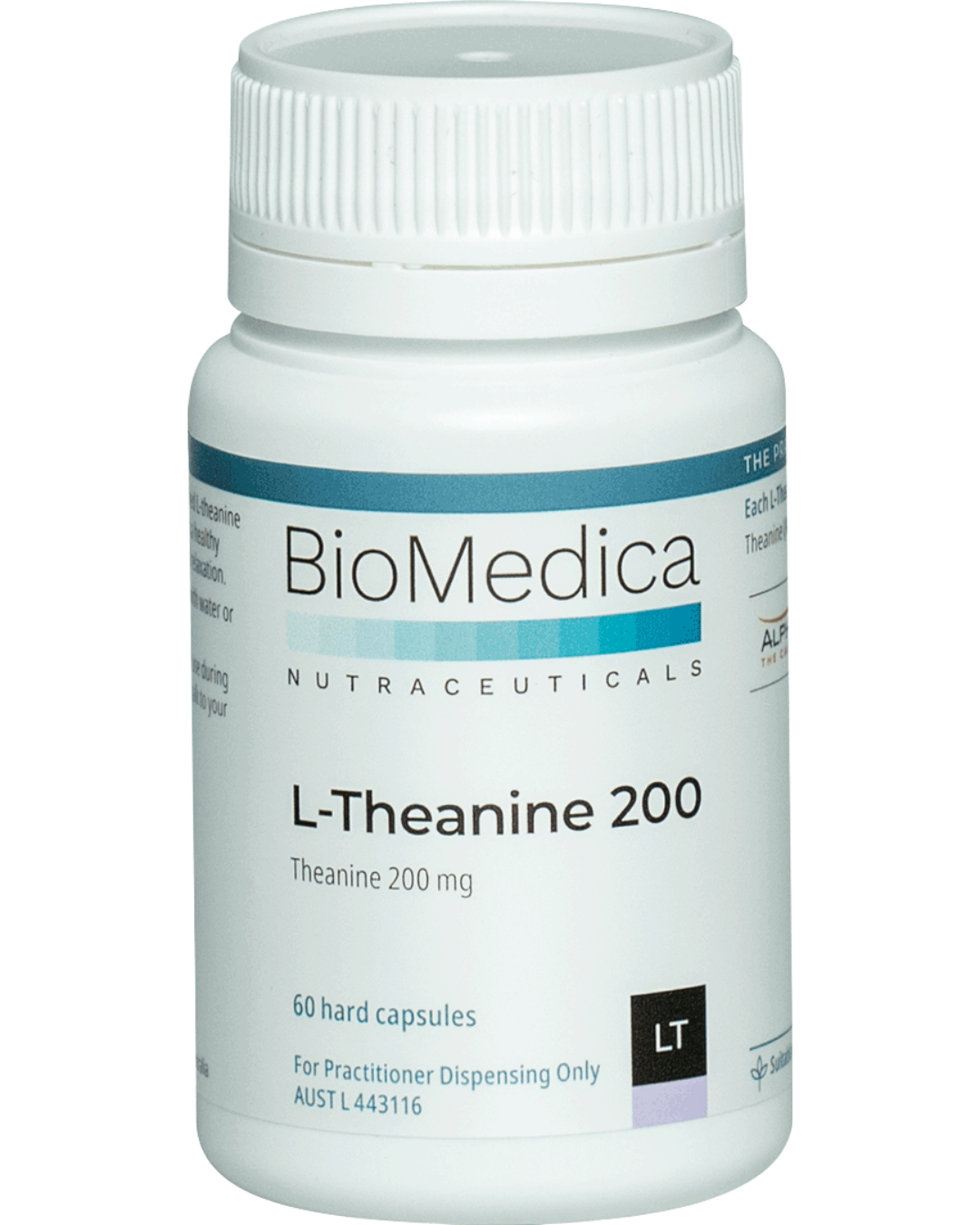 A supplement container of L Theanine 200 by Bio-Medica