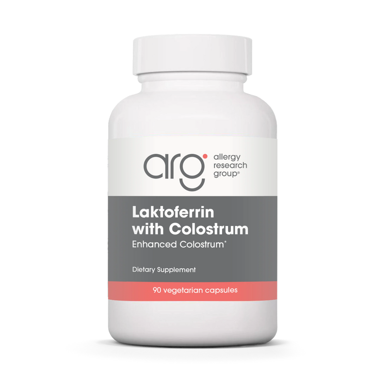 A Supplement container with the name Laktoferrin with Colostrum by Allergy Research Group.