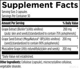 Text describing the ingredients: Grape Extract, Grape Seed Extract, Muscadine Grape.
Cellulose (capsule), microcrystalline cellulose, vegetable stearate.