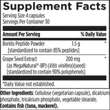 Text describing the ingredients: Bonito Peptide powder, Grape Seed Extract, Cellulose (vegetarian capsule), dicalcium phosphate, triclcoum phosphate, vegetable stearate