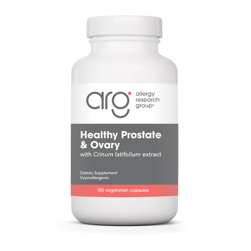 A Supplement container with the name Healthy Prostate & Ovary by Allergy Research Group.
