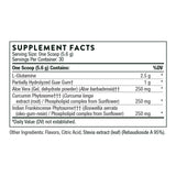 Ingredients including L-Glutamine, glutamine, Partially Hydrlyzed Guar gum, Aloe Vera, Aloe Barbadensis, Curcumin Phytosome, Curcuma Longa Extract, Phospholipid complex, sunflower, Indian Frankincense Phytosome, Boswellia serrata, Oleo gum resin.