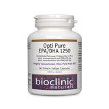 A Supplement container with the name Opti Pure EPA/DHA 1250 (60 soft gel caps) by Bioclinic Naturals.