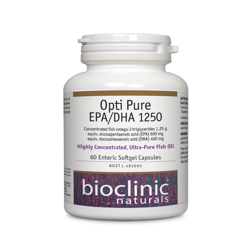 A Supplement container with the name Opti Pure EPA/DHA 1250 (60 soft gel caps) by Bioclinic Naturals.