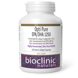 A Supplement container with the name Opti Pure EPA/DHA 1250 (120 soft gel caps) by Bioclinic Naturals.