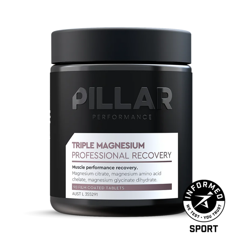 A supplement container with the name Triple Magnesium Tablets by Pillar Performance.