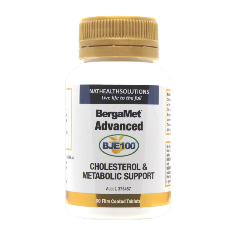 Image of a white supplement bottle that says natheathsoulutions live life to the full. Bergamet advanced cholesterol and metabolic support 60 film coated tablets