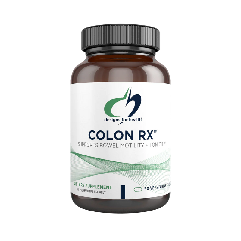 Image of a white supplement bottle that says designs for health colon rx supports bowel motility + tonicity dietary supplement 60 vegetarian capsules