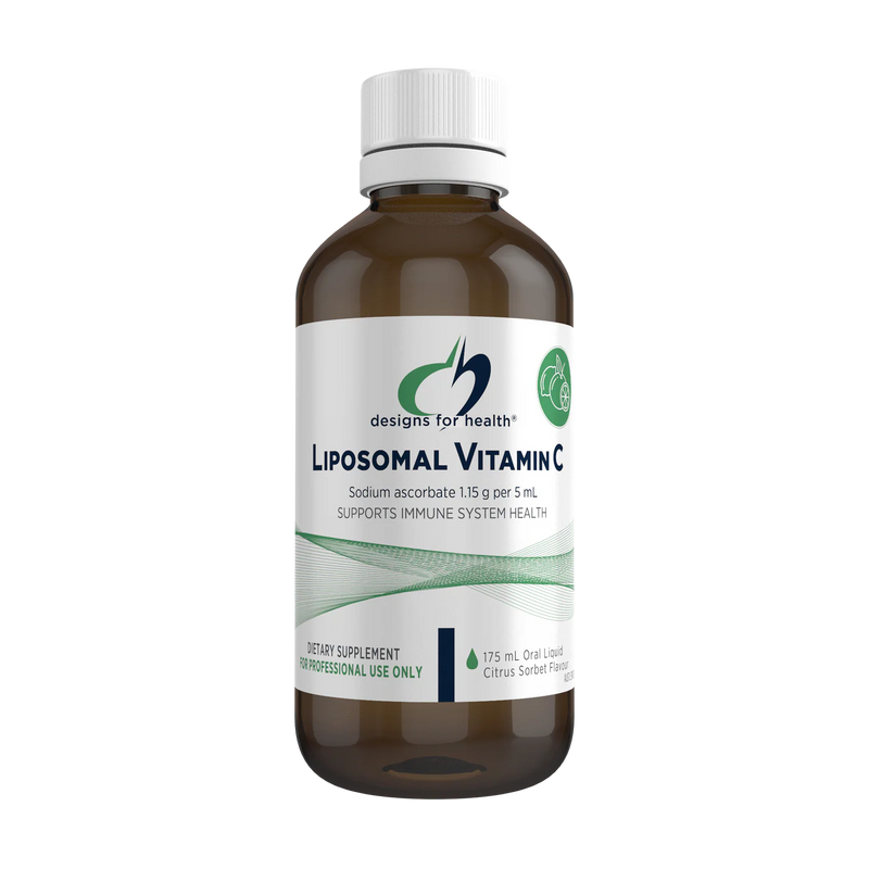 White supplement bottle that says designs for health liposomal vitamin C Sodium ascorbate 1.15g per 5ml supports immune system health 175ml oral liquid citrus sorbet flavour