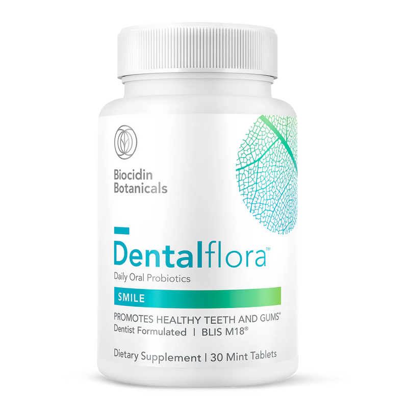 Image of a white bottle with the title Biocidin Botanicals, Dentalflora, Daily oral Probiotics, smile, Promotes healthy teeth and gums, dentist formulated dietary supplemnt 30 mint tablets