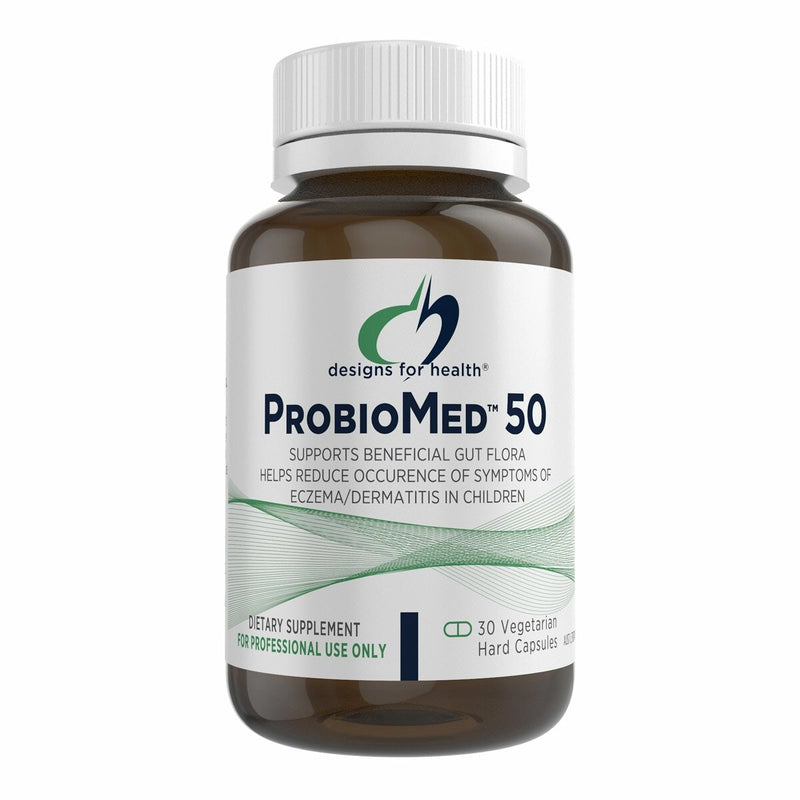 Image of a white supplement bottle that says desigsn for health probiomed 50, supports beneficial gut flora helps reduce occurence of symptoms of eczema/dermatitis in children 30 vegetarian hard capsules