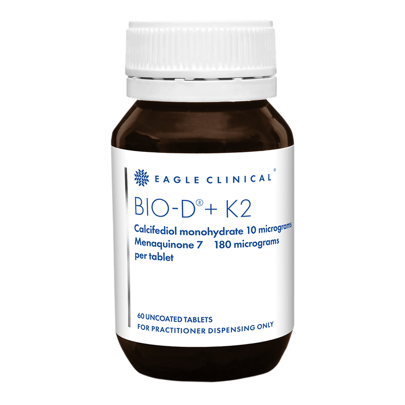 Image of a supplement bottle that says, eagle clinical BIO-D + K2
Calcifediol monohydrate 10 micrograms Menaquine 7 180 micrograms per tablet 60 uncoated tablets for practicioner dispensing only.