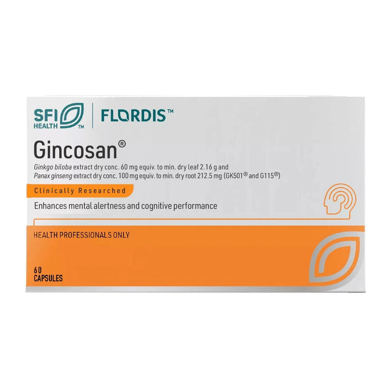 Image of a White and orange supplement pack which says SFI Health Florids Gincosan Ginkgo biloba extarct dry conc. 60mg equiv. to min. dry leaf 2.16g and panax ginseng extract dry conc 100mg equiv. to min. dry root 212.5mg (GK501 and G115) Clinically researched enhances mental alertness and cognitive performance health professionals only 60 capsules
