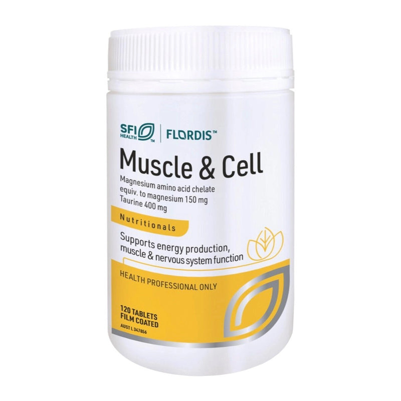 Image of a white supplement bottle that says SFI Health muscle and cell Magnesium amino acid chelate equiv to magnesium 150mg taurine 400mg nutritionals supports energy production, muscle and nervous system function health professionals only 120 tablets film coated