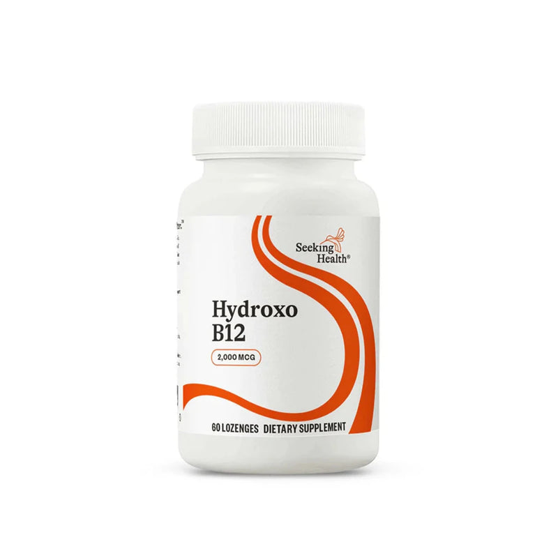 A supplement container with the name Hydroxo B12 by Seeking Health.