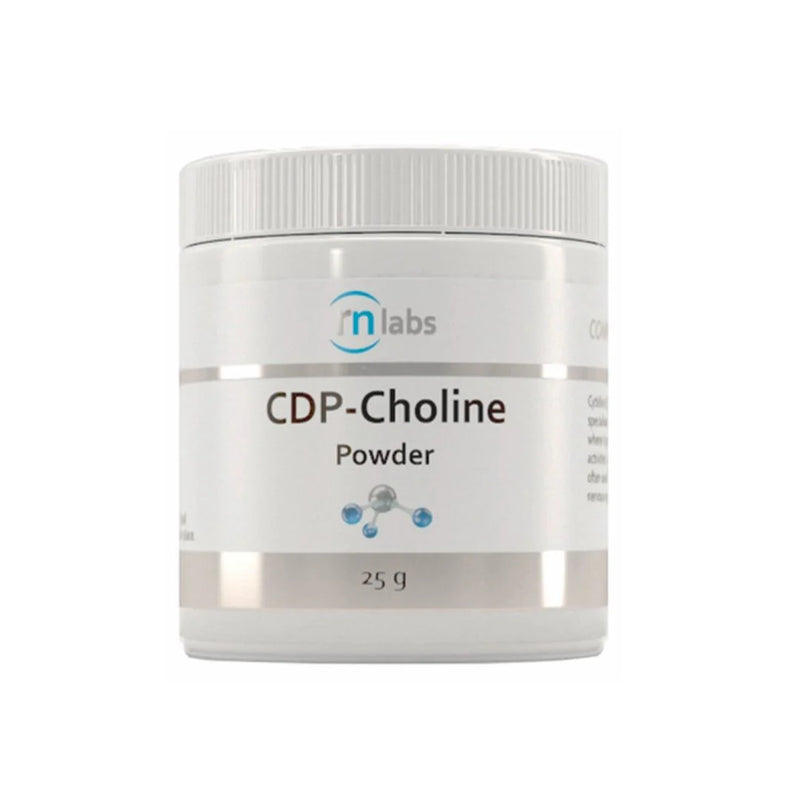 Image of a white Supplement bottle that says RN Labs CDP- Choline Powder 25g