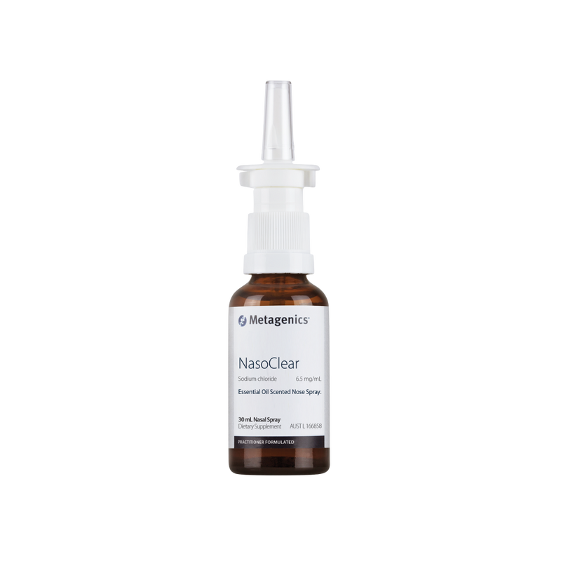 A supplement box with the name NasoClear by Metagenics.