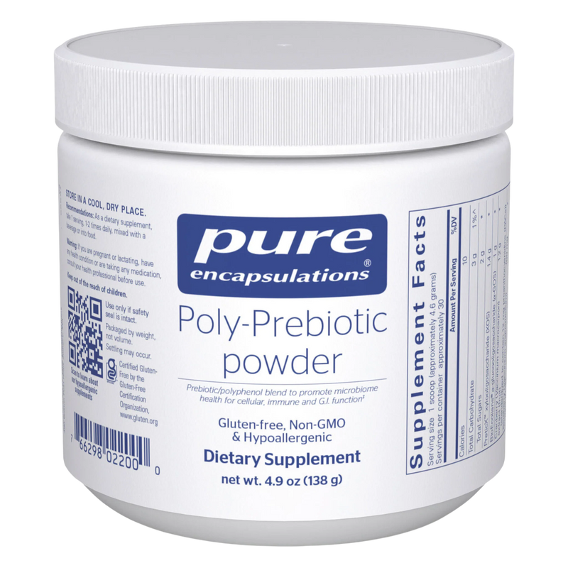 A Supplement container with the name Poly-Prebiotic powder by Pure Encapsulations.
