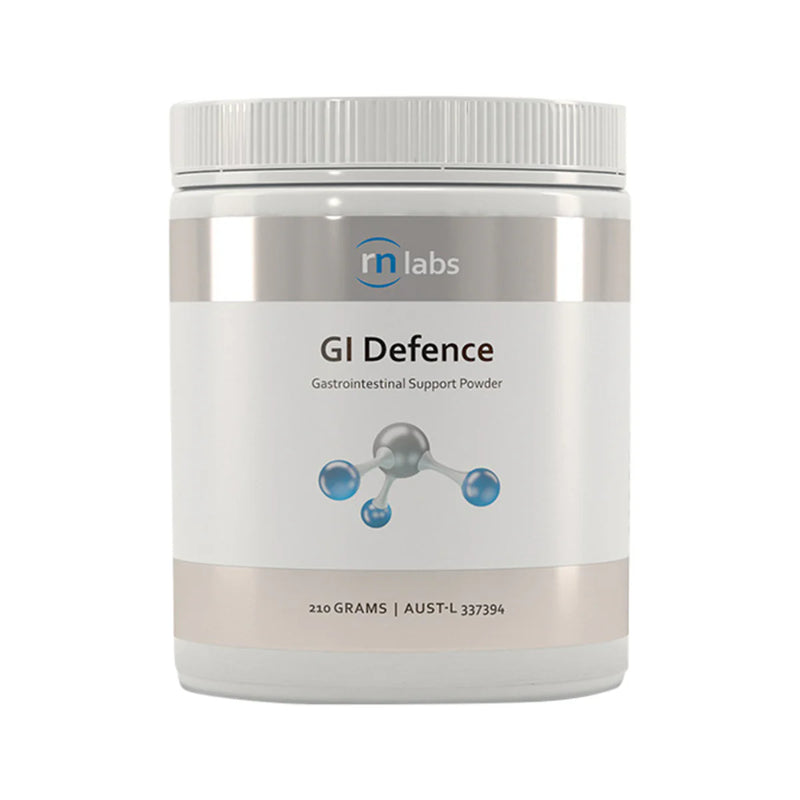Image of a white supplement bottle that says GI defence RN labs Gastrointestinal Support Powder 210grams