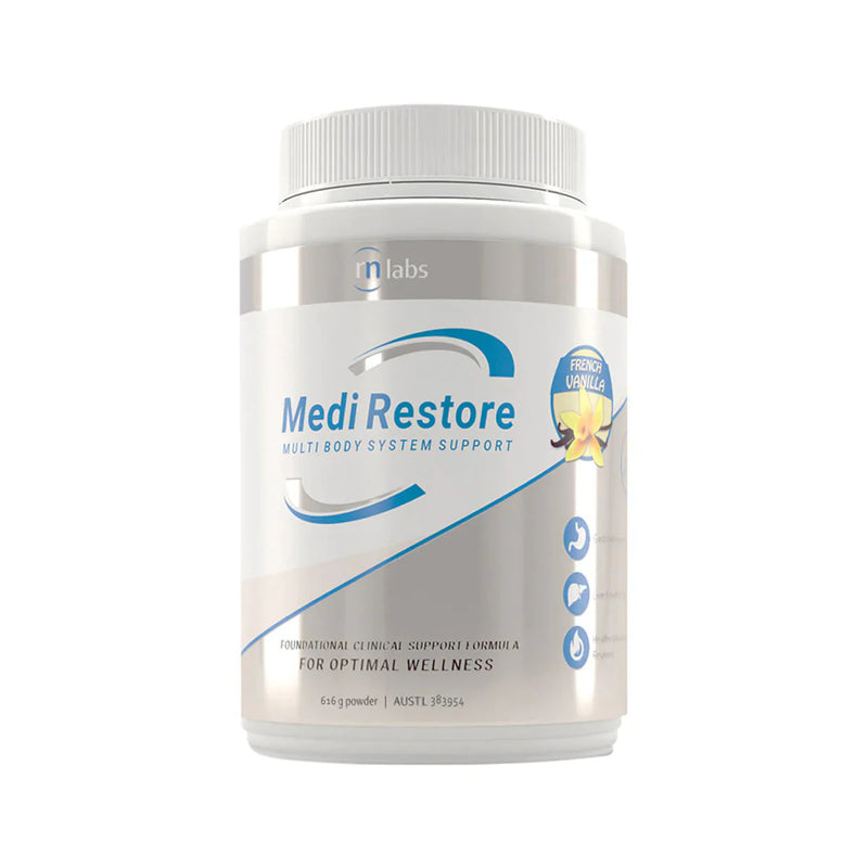 image of a white supplement bottle that says rn labs medi restore multi body system support foundational clinical spport formula for optimal wellness 616g powder french vanilla