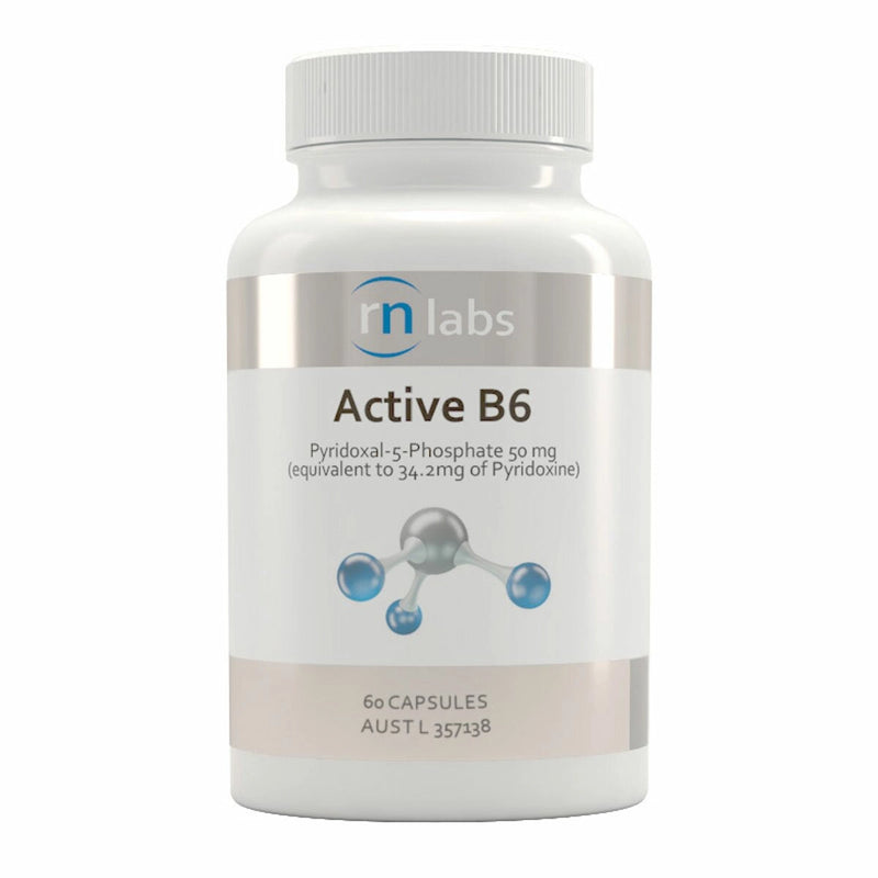 An image of a white supplement bottle rn labs active b6 pyridoxal-5-phosphate 50mg (equivalent to 34.2mg of pyridoxine) 60 capsules