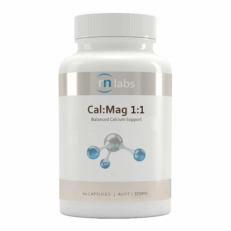 Image of a white supplement bottle that says Cal:Mag 1:1 RN labs Balanced Calcium Support 60 Capsules