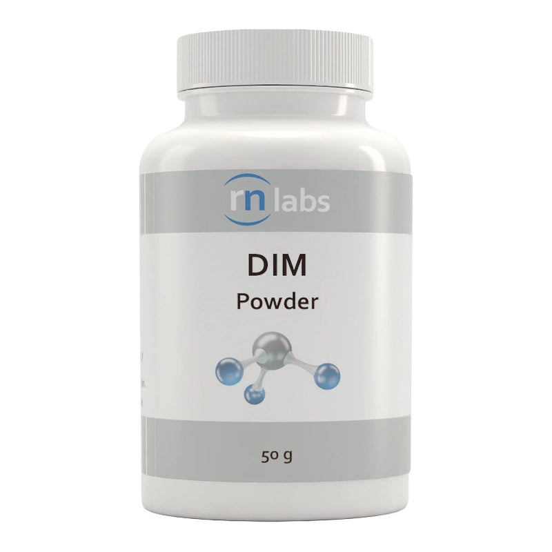 Image of a white supplement bottle that says rn labs DIM powder 50g