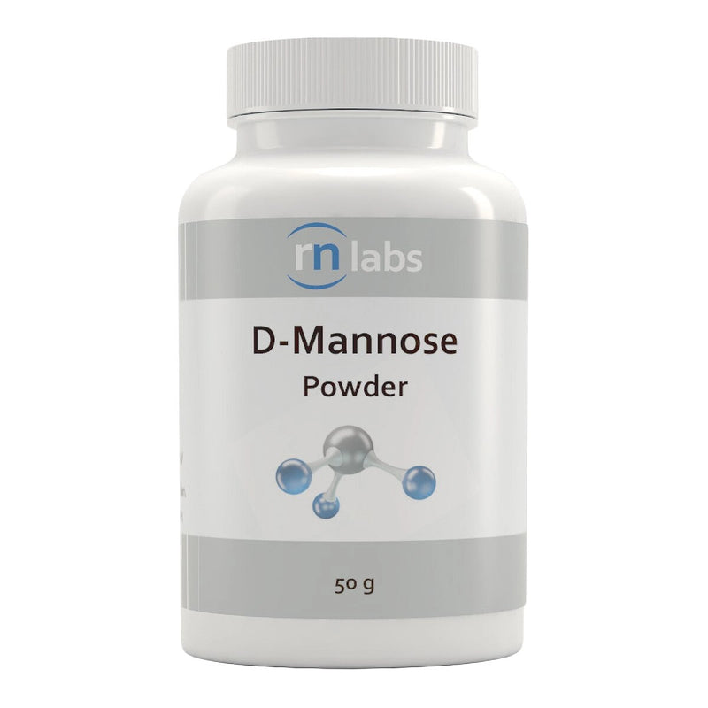Image of a white supplement bottle that says rn labs D-Mannose Powder 50g