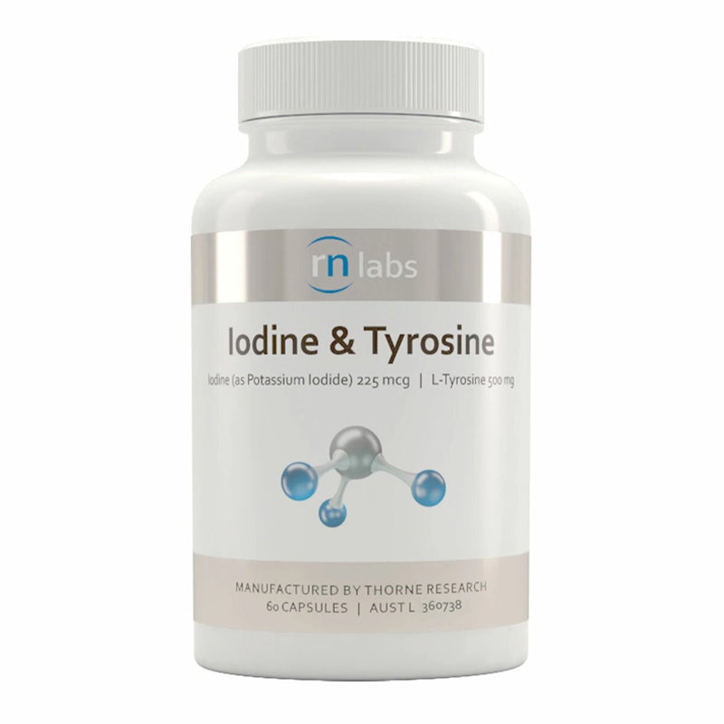 Image of a white supplement bottle that says rn labs iodine and tyrosine iodine (as potassium iodide) 225mcg L- Tyrosine 500mg manufactured by thorne research 60 capsules