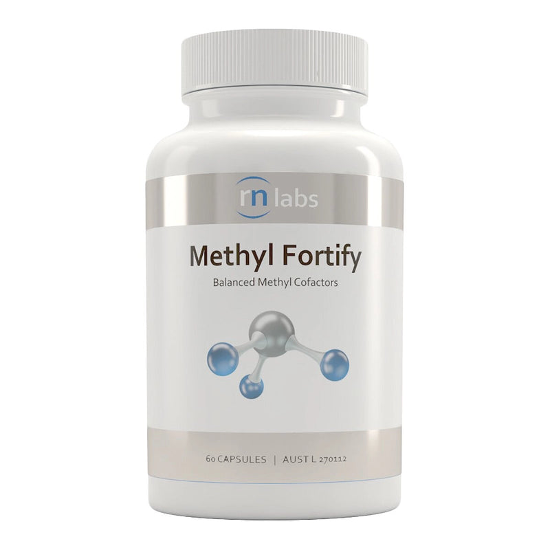 Image of a white supplement bottle that says rn labs methyl fortify balanced methyl cofactors 60 capsules