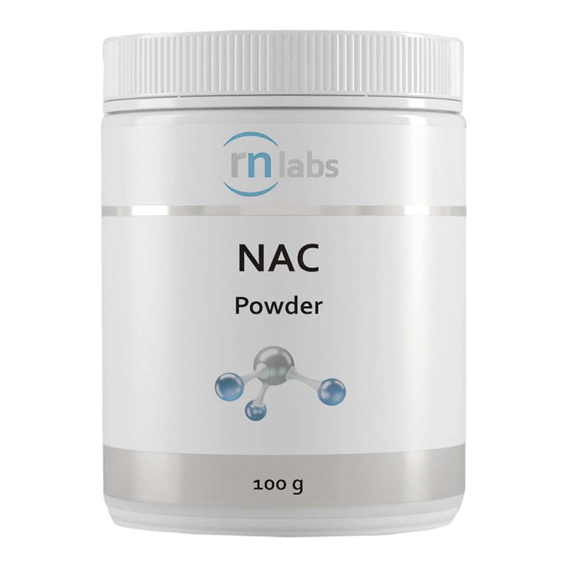 Image of a white supplement bottle that says RN labs NAC Powder 100g